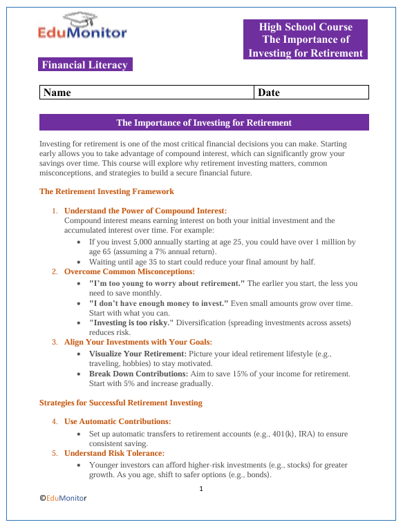 Investing for Retirement High School Financial Literacy Packet