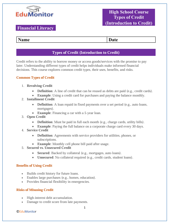 Introduction to Credit High School Financial Literacy Bundle