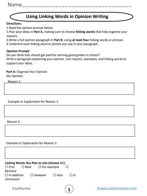 Using Linking Words in Opinion Writing Grade 5 Worksheet for Students ...
