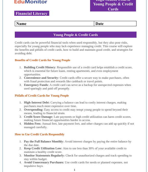 Young People & Credit Cards High School Financial Literacy Bundle