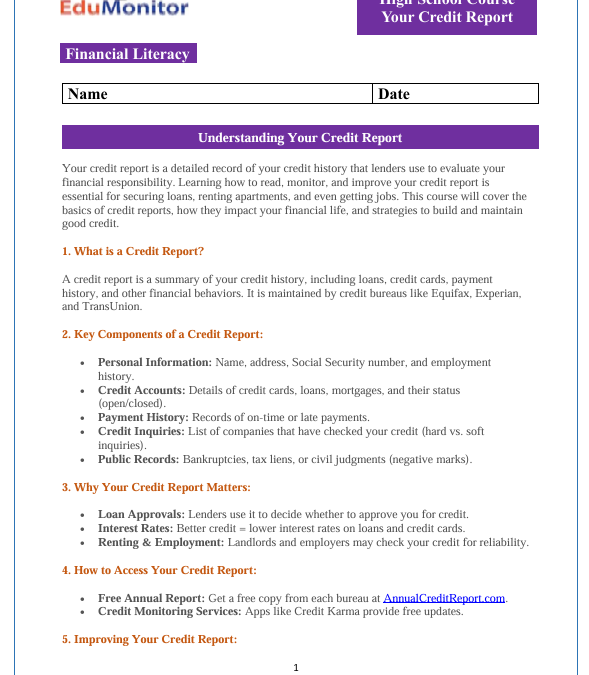 Your Credit Report High School Financial Literacy Packet