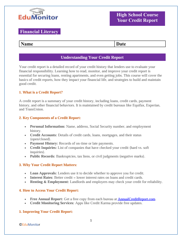 Your Credit Report High School Financial Literacy Packet