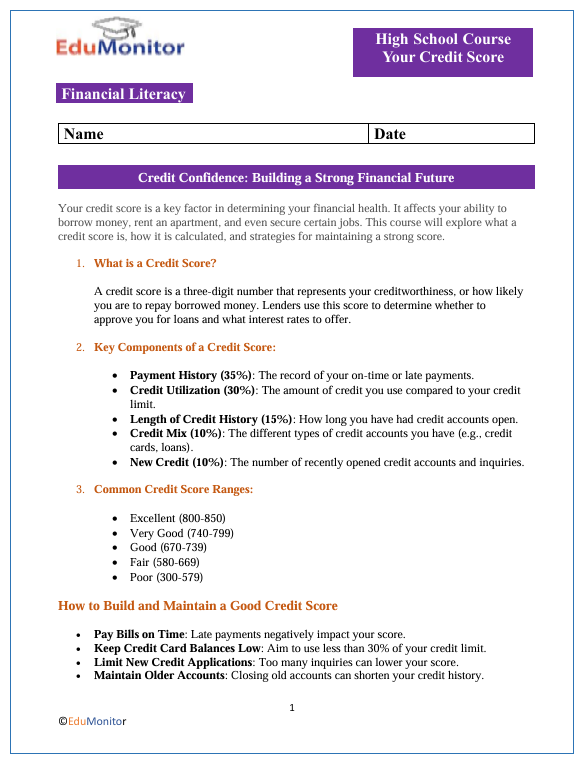 Your Credit Score – Edumonitor Your Credit Score High School Financial Literacy Bundle