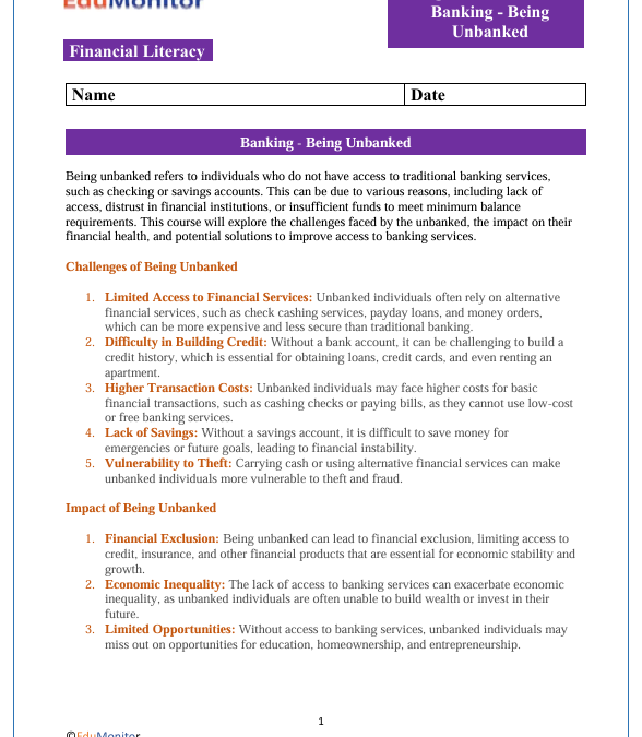 Being Unbanked High School Financial Literacy Packet