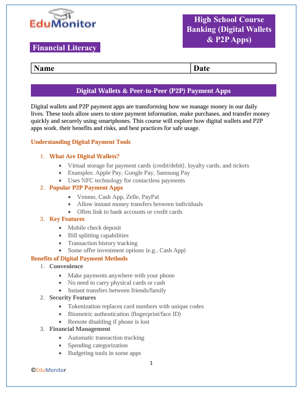 Digital Wallets & P2P Apps High School Financial Literacy Packet
