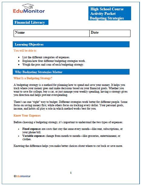 Budgeting Strategies High School Personal Finance Activity Packet