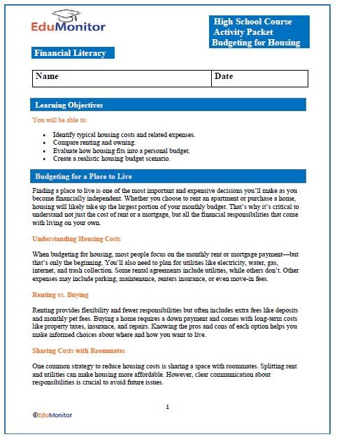 Budgeting for Housing High School Personal Finance Activity Packet