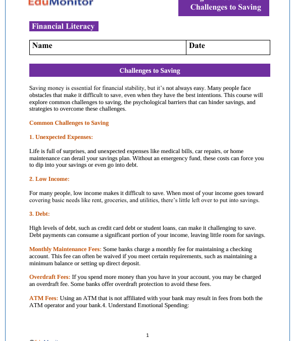 Challenges to Saving High School Financial Literacy Packet
