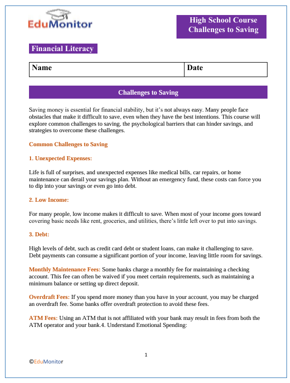 Challenges to Saving High School Financial Literacy Packet