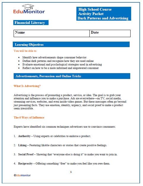 Dark Patterns and Advertisements Personal Finance High School Activity Packet