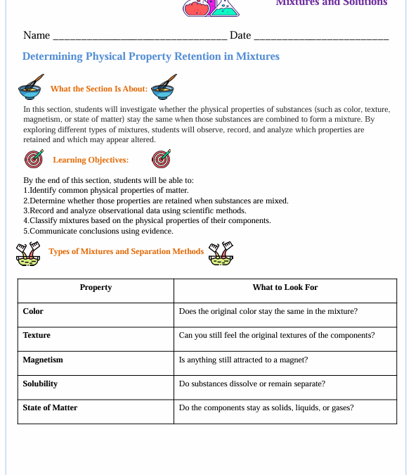 Determining Physical Property Retention in Mixtures Fifth grade Worksheet