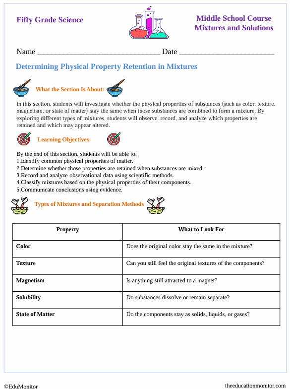 Determining Physical Property Retention in Mixtures Fifth grade Worksheet