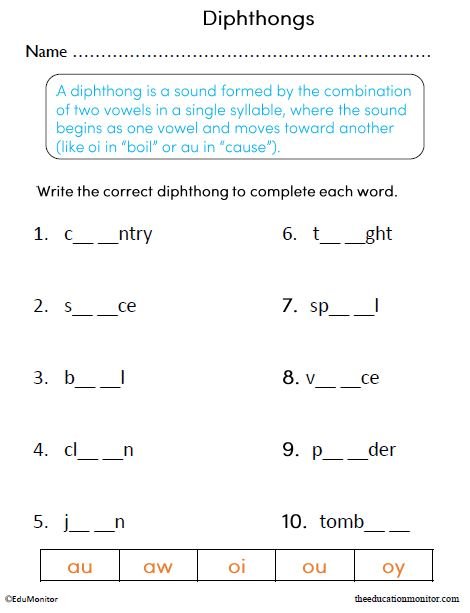 Grade 2 Diphthongs Printable Worksheet