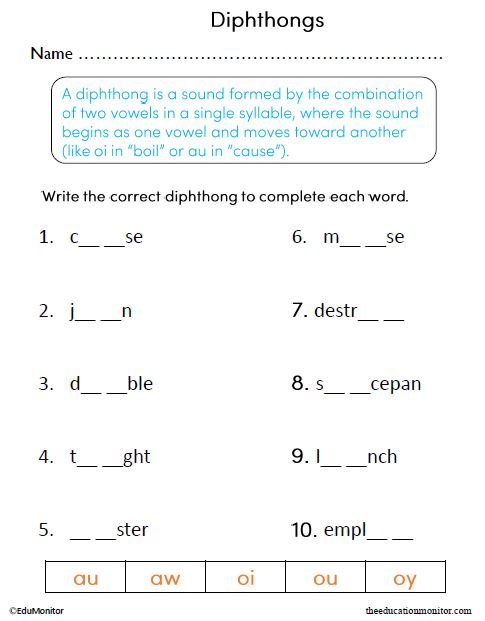 Diphthongs English Language Arts Worksheet_EduMonitor_2 2nd Grade Diphthongs Printable Worksheet