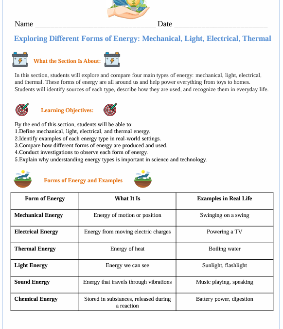 Exploring Different Forms of Energy Fifth Grade Science Worksheet