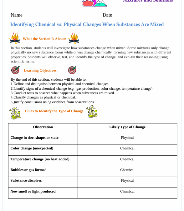 Understanding Chemical and Physical Changes When Mixing Substances Fifty Grade Worksheet