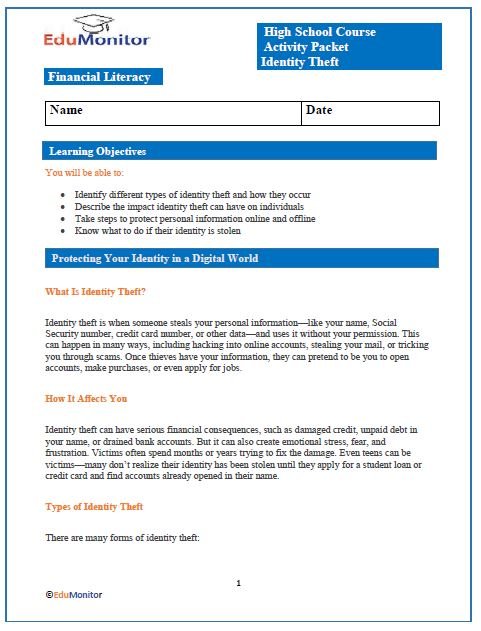 Identity Theft High School Financial Literacy Activity Packet