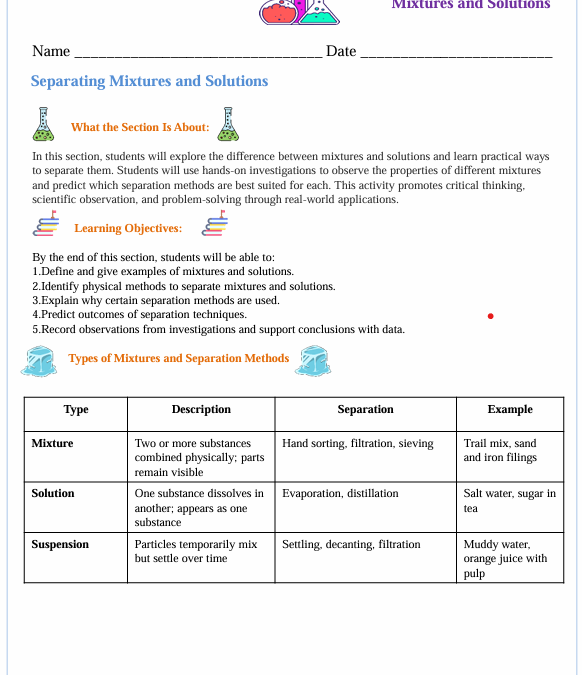 Separating Mixtures and Solutions Fifth grade Worksheet