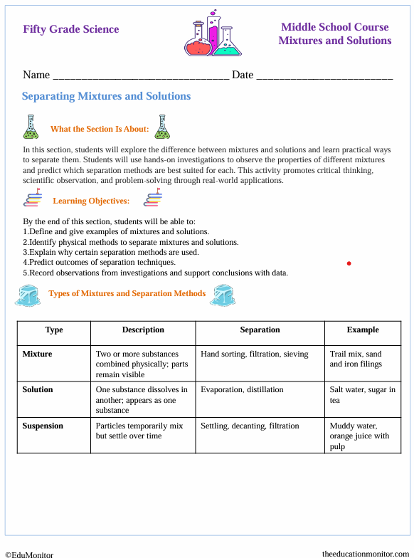 Separating Mixtures and Solutions Fifth grade Worksheet