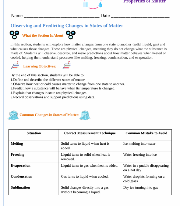 Observing and Predicting Changes in States of Matter Fifth Grade Worksheet