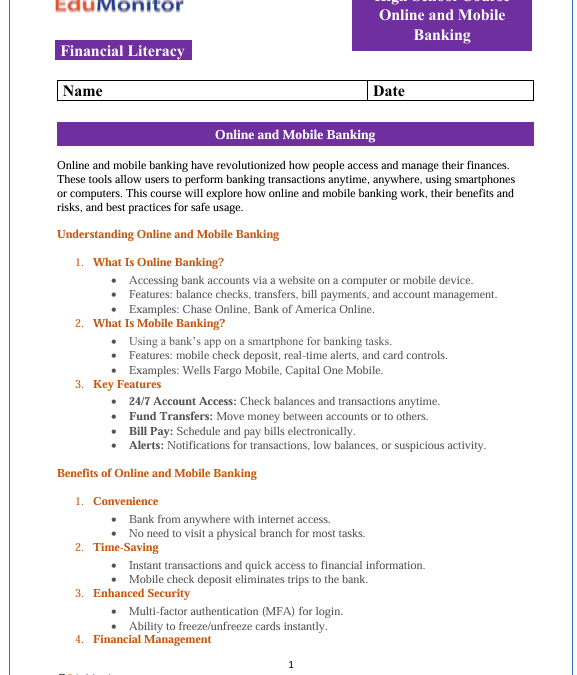 Online and Mobile Banking High School Financial Literacy Packet