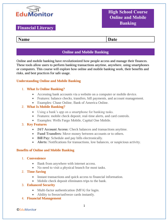 Online and Mobile Banking-Edumonitor Online and Mobile Banking High School Financial Literacy Packet
