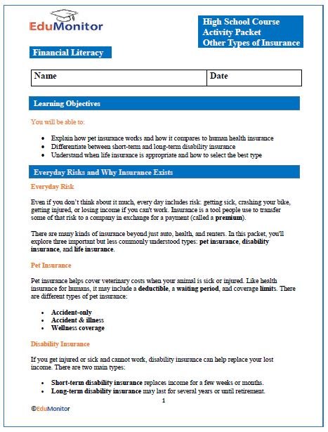 Other Types of Insurance High School Financial Literacy Packet