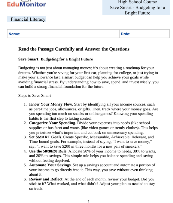 Budgeting for a Bright Future High School Financial Literacy Packet