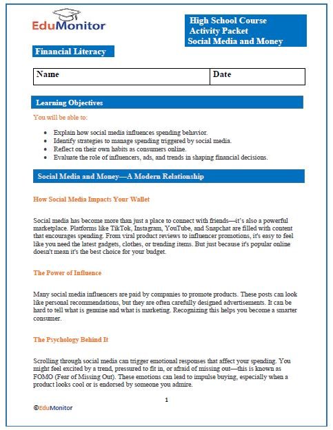 Social Media and Money High School Personal Finance Activity Packet