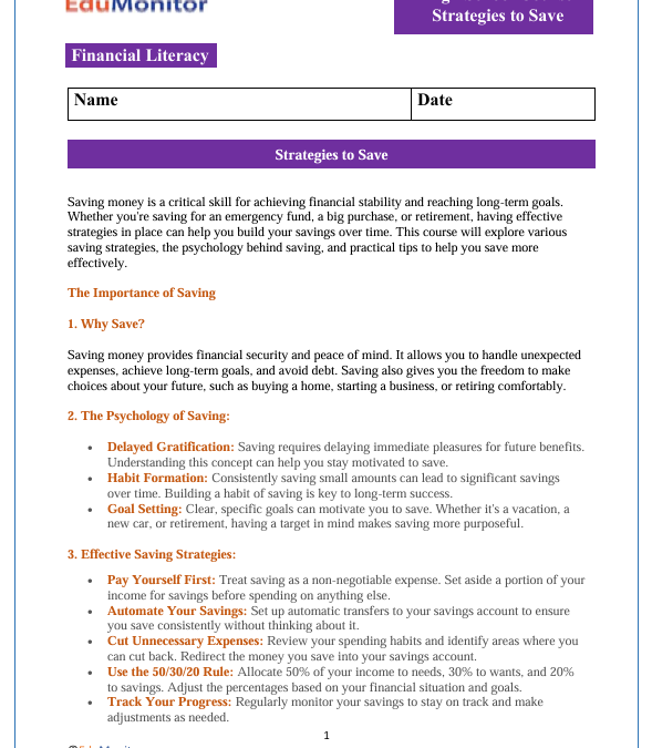 Strategies to Save High School Financial Literacy Packet