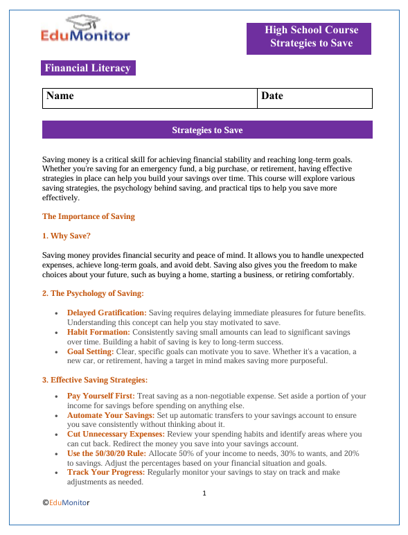 Strategies to Save High School Financial Literacy Packet