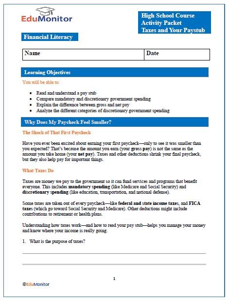 Taxes and Your Pay Stub High School Financial Literacy Packet