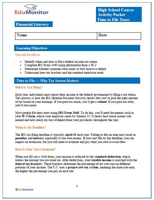 Time to File Taxes Financial Literacy High School Packet
