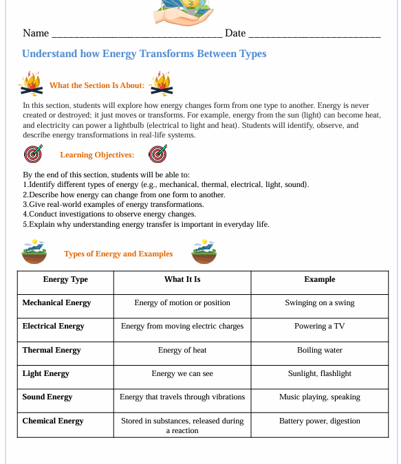 Energy Transformations Fifth Grade Science Worksheet