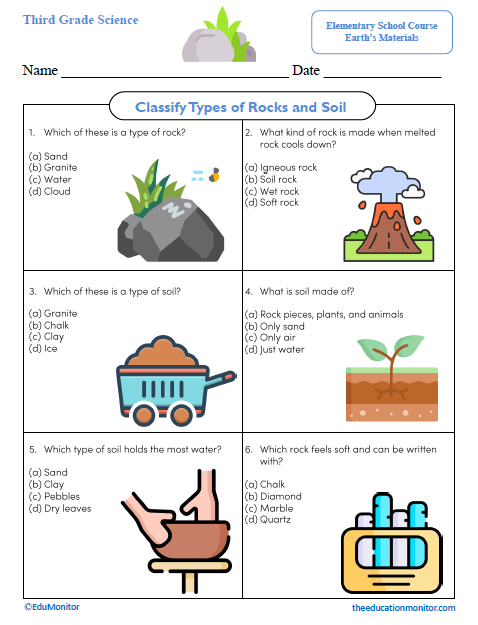 Classify Types of Rocks and Soil Third Grade Science Worksheet