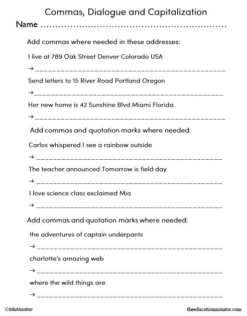 Commas, Dialogue and Capitalization Worksheet for Third Grade