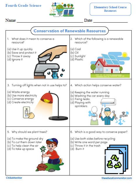 Conservation of Renewable Resources Fourth Grade Science Worksheet