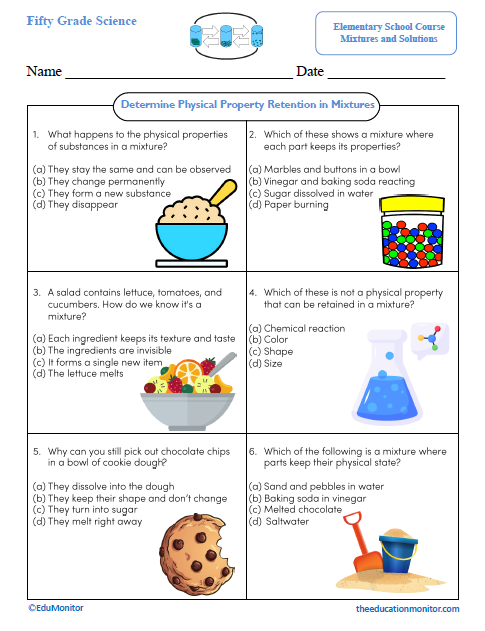 Determine Physical Property Retention in Mixtures Science Worksheet Determine Physical Property Retention in Mixtures Science Worksheet