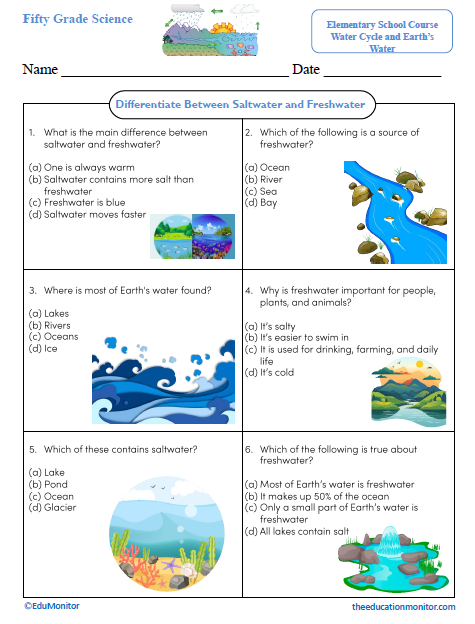 Differentiate Between Saltwater and Freshwater Science Worksheet