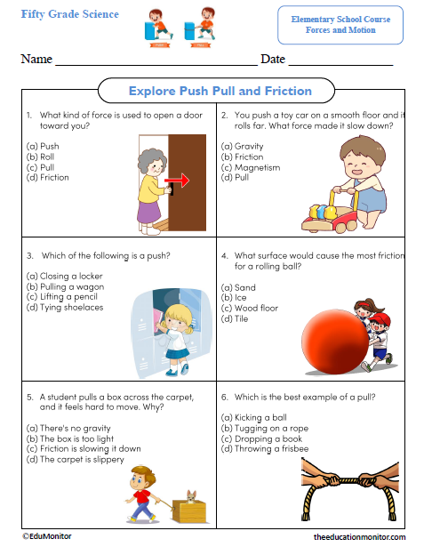 Explore Push Pull and Friction Fifth Grade Science Worksheet