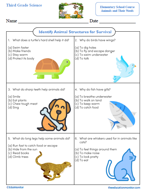 Identify Animal Structures for Survival Science Worksheet Identify Animal Structures for Survival Third Grade Science Worksheet