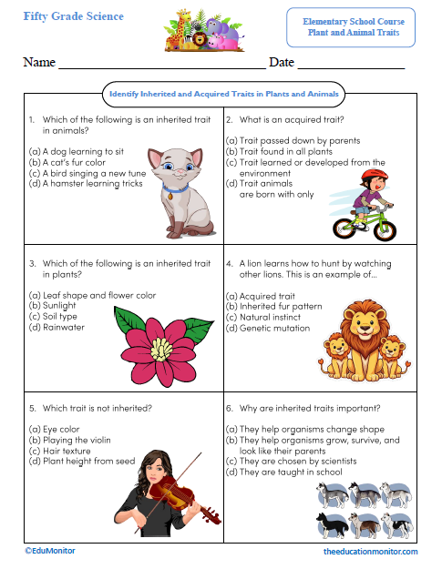 Identify Inherited and Acquired Traits in Plants and Animals Science Worksheet