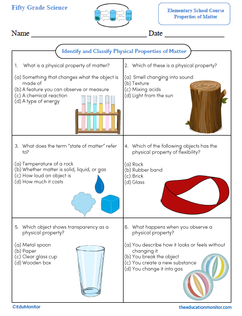 Identify and Classify Physical Properties of Matter Science Worksheet