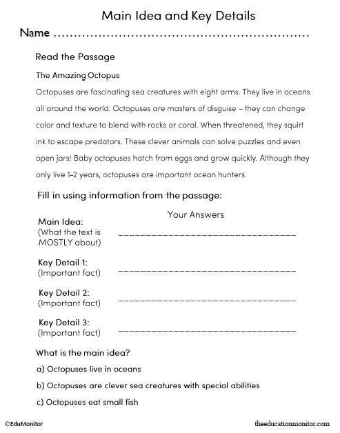 Main Idea and Key Details English Language Arts Worksheet_EduMonitor 3rd Grade Main Idea and Key Details English Language Arts Worksheet