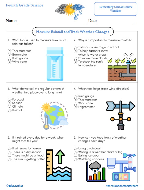 Measure Rainfall and Track Weather Changes Fourth Grade Science Worksheet