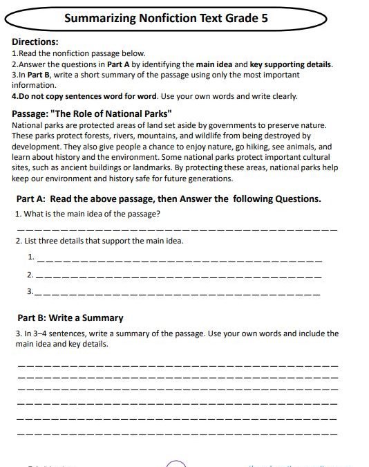 Summarizing Nonfiction Text Grade 5 ELA