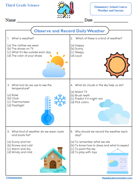 Observe and Record Daily Weather Science Worksheet