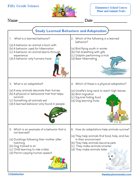 Study Learned Behaviors and Adaptation Science Worksheet