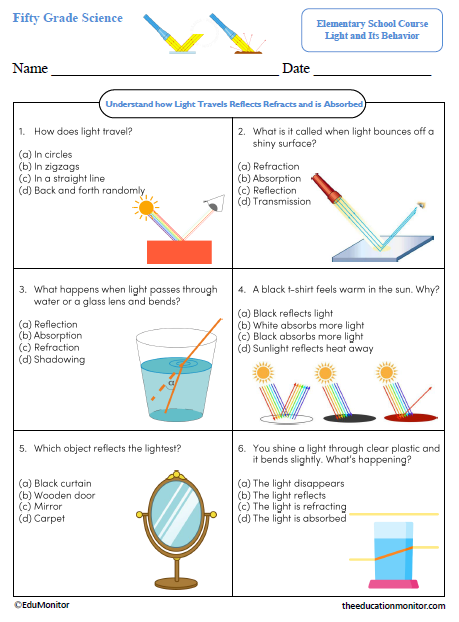 Understand how Light Travels Reflects Refracts and is Absorbed Science Worksheet