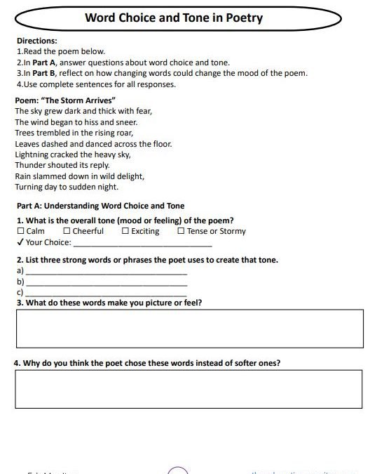 Word Choice and Tone in Poetry  Grade 5 Worksheet Grade 5